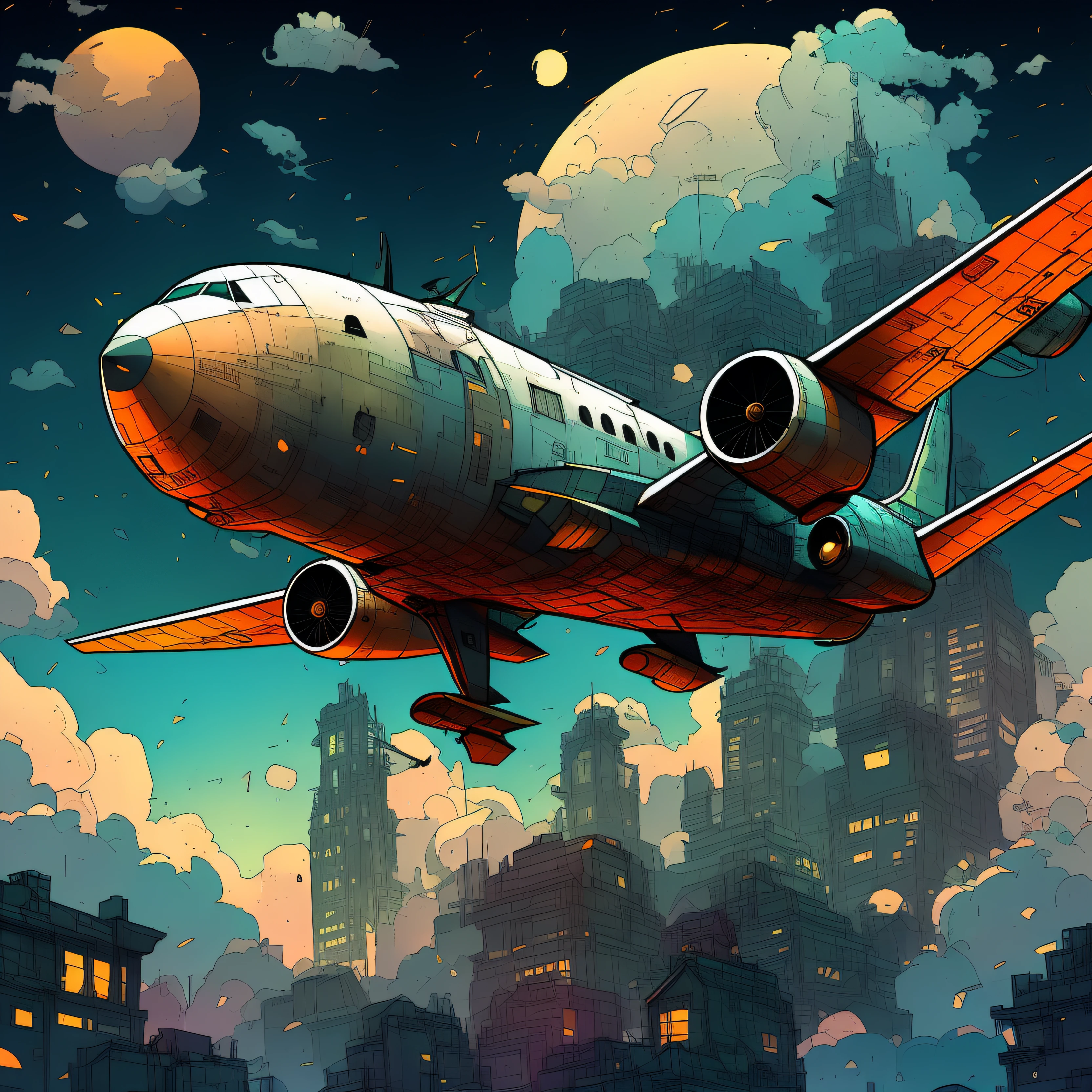 A Boeing plane flies over a city at night, Highly detailed digital artwork, stunning art style, very detailed illustration, Digital illustration style, 4k highly detailed digital art, A beautiful artistic illustration, High detail digital art, highly detailed digital painting, very coherent stylized artwork, sci-fi illustrations, science fiction illustration, Laurie Greasley style