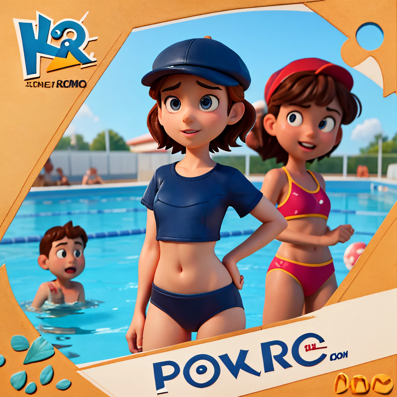 Poster for the film inspired by Disney Pixar with the title [CHILDREN&#39;S SWIMMING]. [Swimming teacher wearing a cap with the name Julie and a black swimsuit in the pool teaching a child to swim]. The scene should follow Pixar's distinctive digital art style, focusing on the characters' expressions, vibrant colors and detailed textures characteristic of their animations, with the title “[SWIMMING]