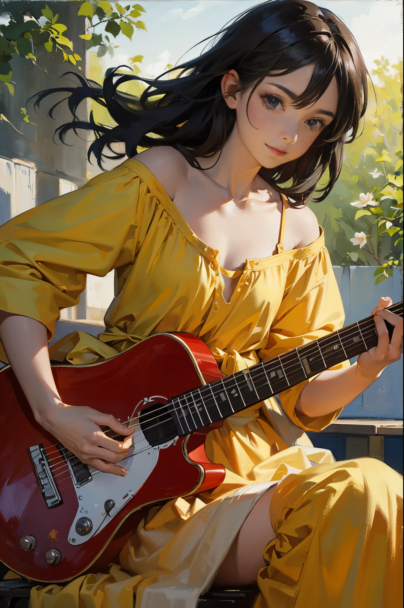 A mango playing the guitar,(many, Impresionismo, oil painted),