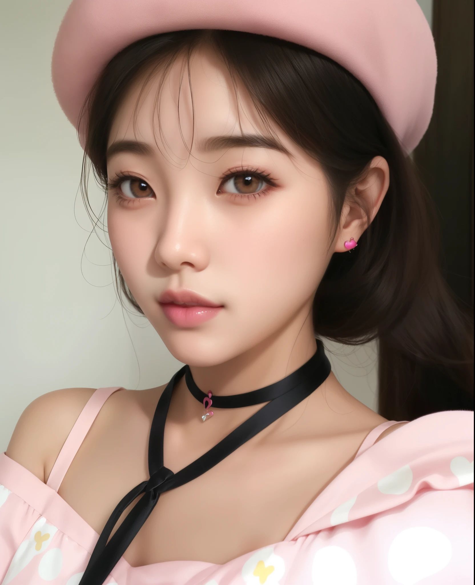un primer plano de una mujer que llevaba un sombrero rosa y un vestido rosa, con una gargantilla y un lindo sombrero, ulzzang, Joven y adorable rostro coreano, young cute wan asian face, chica linda-fina-cara, Chica coreana, Wan adorable cara coreana, maquillaje coreano popular, Hermosa mujer surcoreana, Hermosa joven coreana, Small heart-shaped face