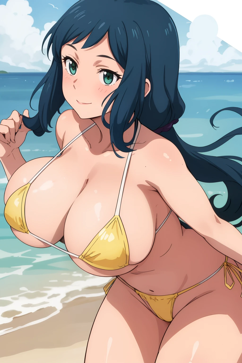 Best Quality, High resolution, Beach, from the front side, Leaning forward, 1girl in, look for_Iori, (Yellow Micro Bikini), (blush, embarrassed), Smile, Closed mouth, (Huge breasts:1.3), Camel toe