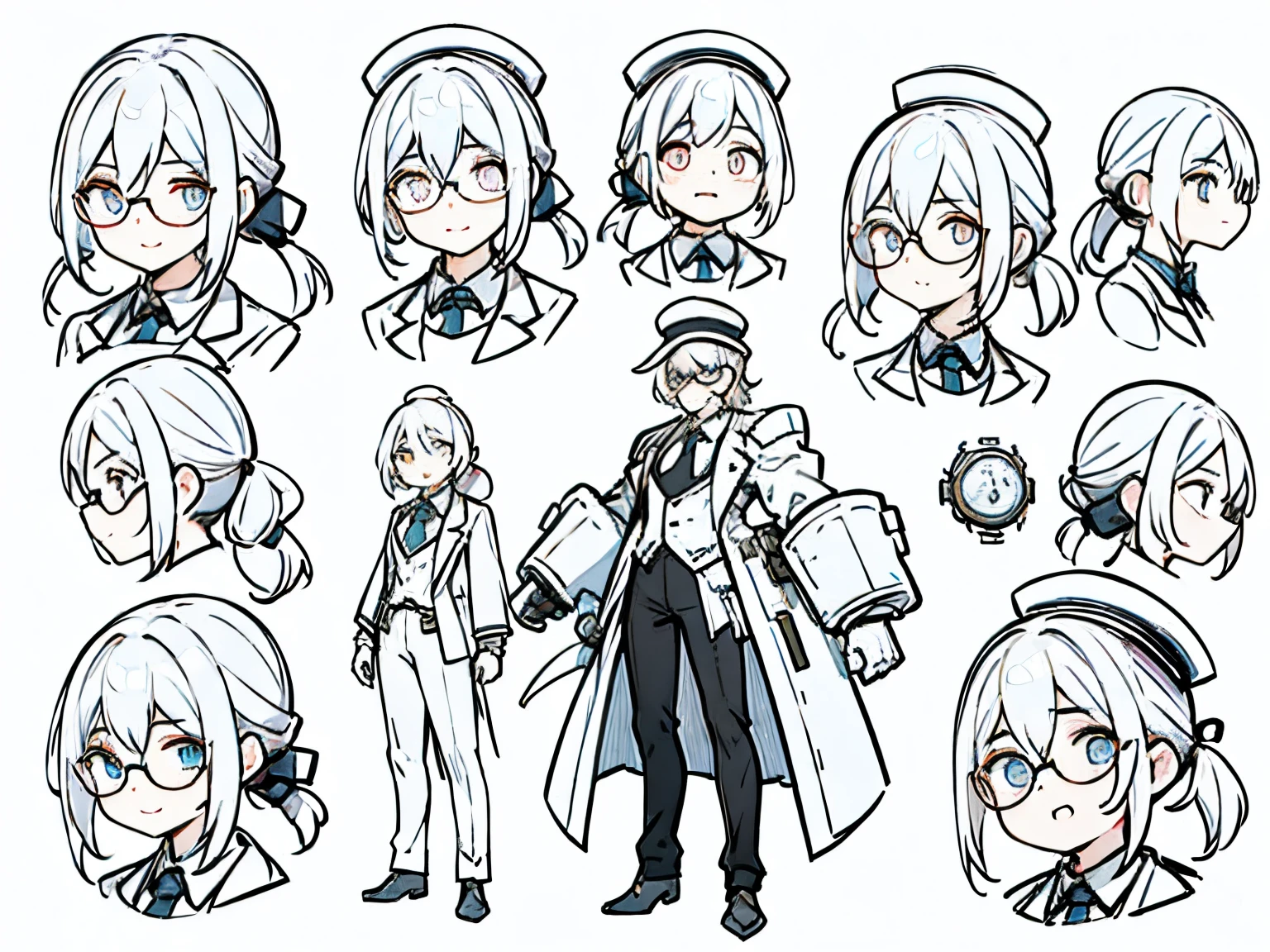male in his 20s、white  hair、poneyTail、He wears round glasses with no rims、The face is human、The body is made of machines、Cyborg Arm、Hats、wearing a tailcoat、neck tie、concept-art、Character concept art、Character Sketch、Reference Sheet、CharacterDesignSheet、a smile、Variety of facial expressions、Facial expression difference（emotions）、simple background