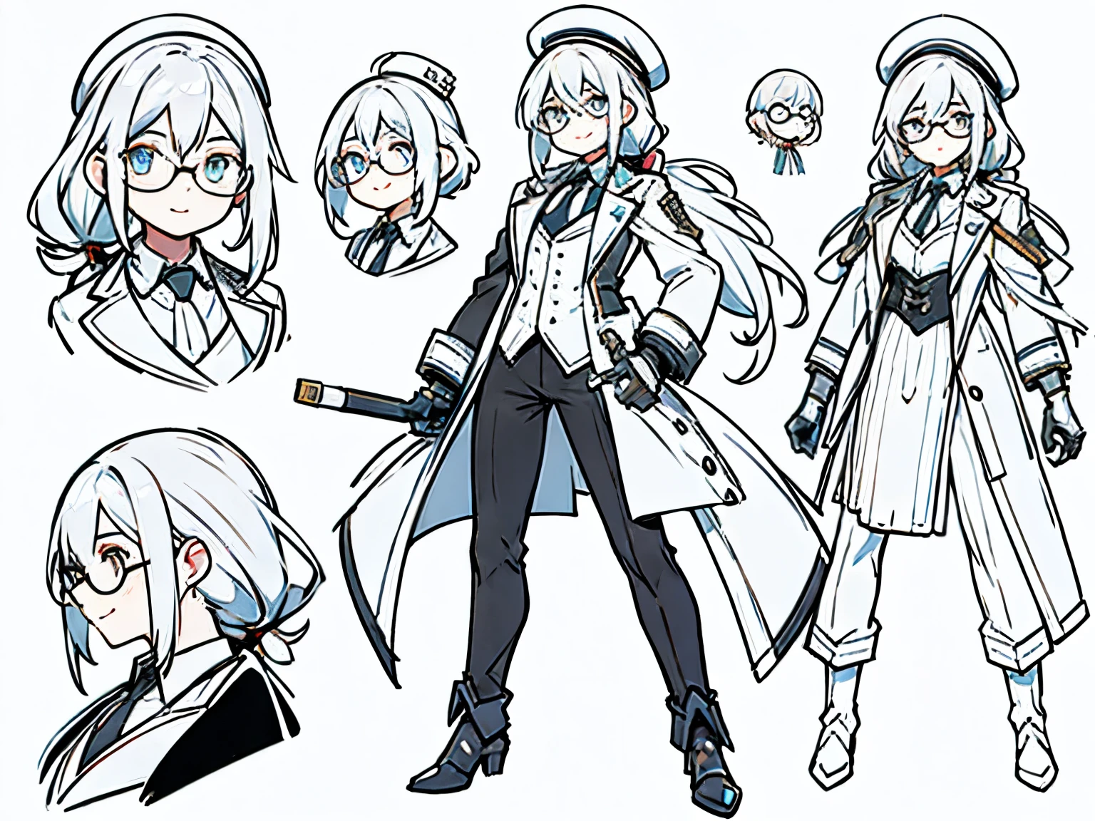 male in his 20s、white  hair、poneyTail、He wears round glasses with no rims、The face is human、The body is made of machines、Cyborg Arm、Hats、wearing a tailcoat、neck tie、concept-art、Character concept art、Character Sketch、Reference Sheet、CharacterDesignSheet、a smile、Variety of facial expressions、Facial expression difference（emotions）、simple background