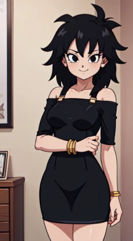 masterpiece, best quality, cowboy shot, 1 girl, solo, little black dress, black pencil skirt, golden bracelets, lovely legs, bedroom background, indoors, nighttime, smile, happy, medium breasts, looking at viewer, bare shoulders, standing up, Gine spiky hair, medium hair, black hair, anime screencap