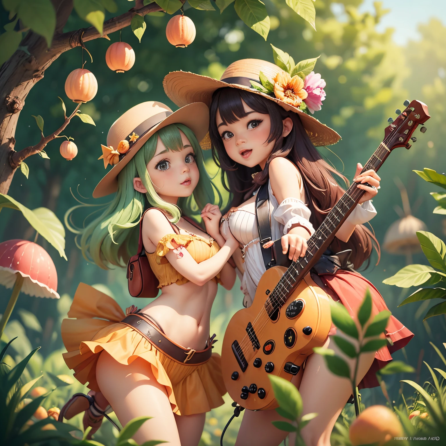 the fruitangoes)Play music with guitar and hat, mangoes and peaches, dancing with each other, 🐿🍸🍋, cute character, Being in love, they are in love, cute artwork, cute big breasts! ❤🔥🍄🌪, Lovers, Dōjinga, 😃😀😄☺🙃😉😗