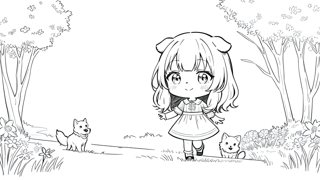 ​masterpiece、Dog walking、Cute girl with dog１a person、Cute clothes、A smile、Chibi Chara、full body Esbian、the pose、monochromes、line-drawing、White background、flowers, grass and trees