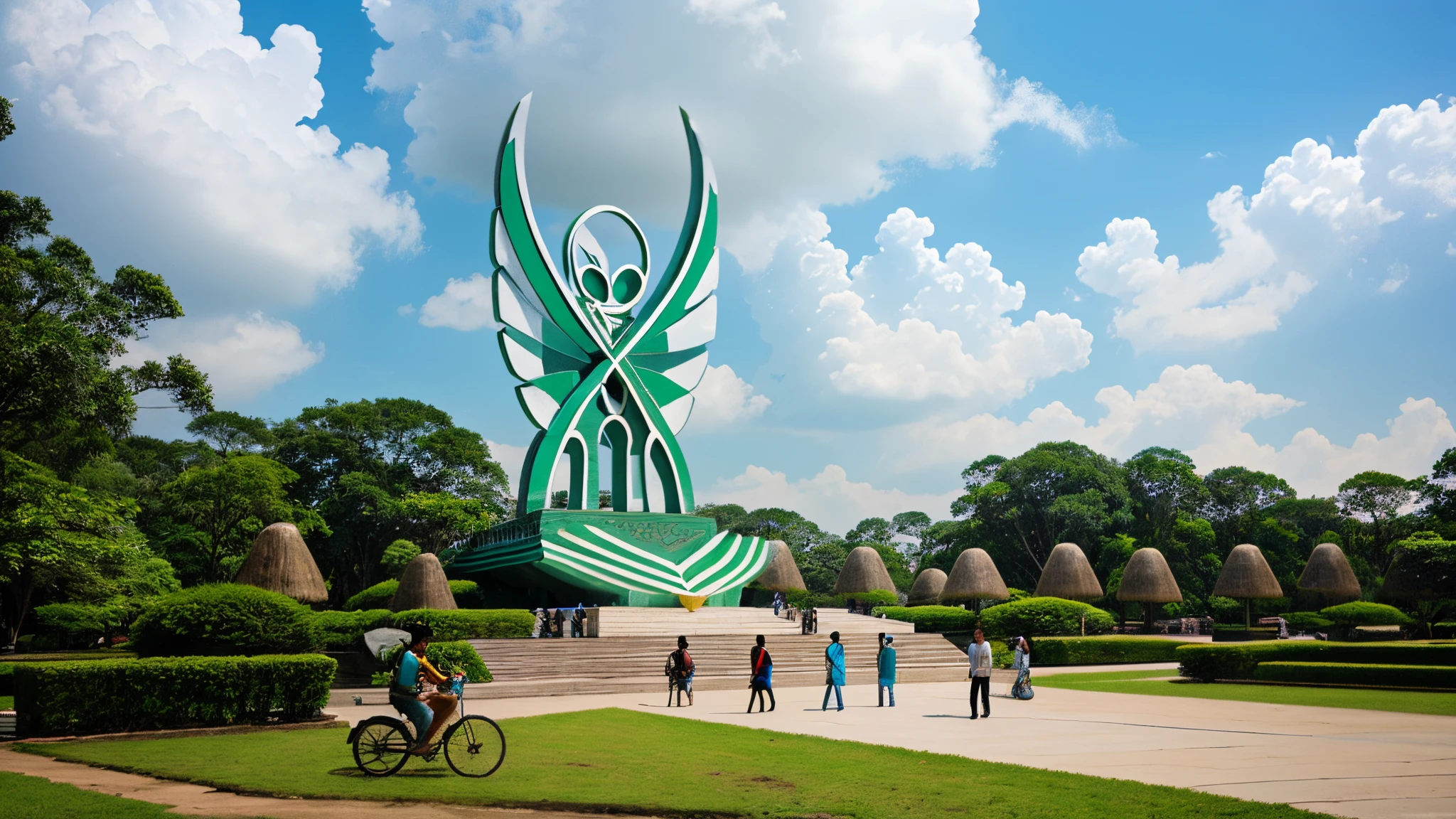 A symbolic work of a national park in Vietnam, located in a tropical forest, ((icon)), surrounded by many large trees, grass, and marble materials, (white: 0.2), (green:0.7), natural stone surrounding campus, soft daylight, best photo quality, best resolution