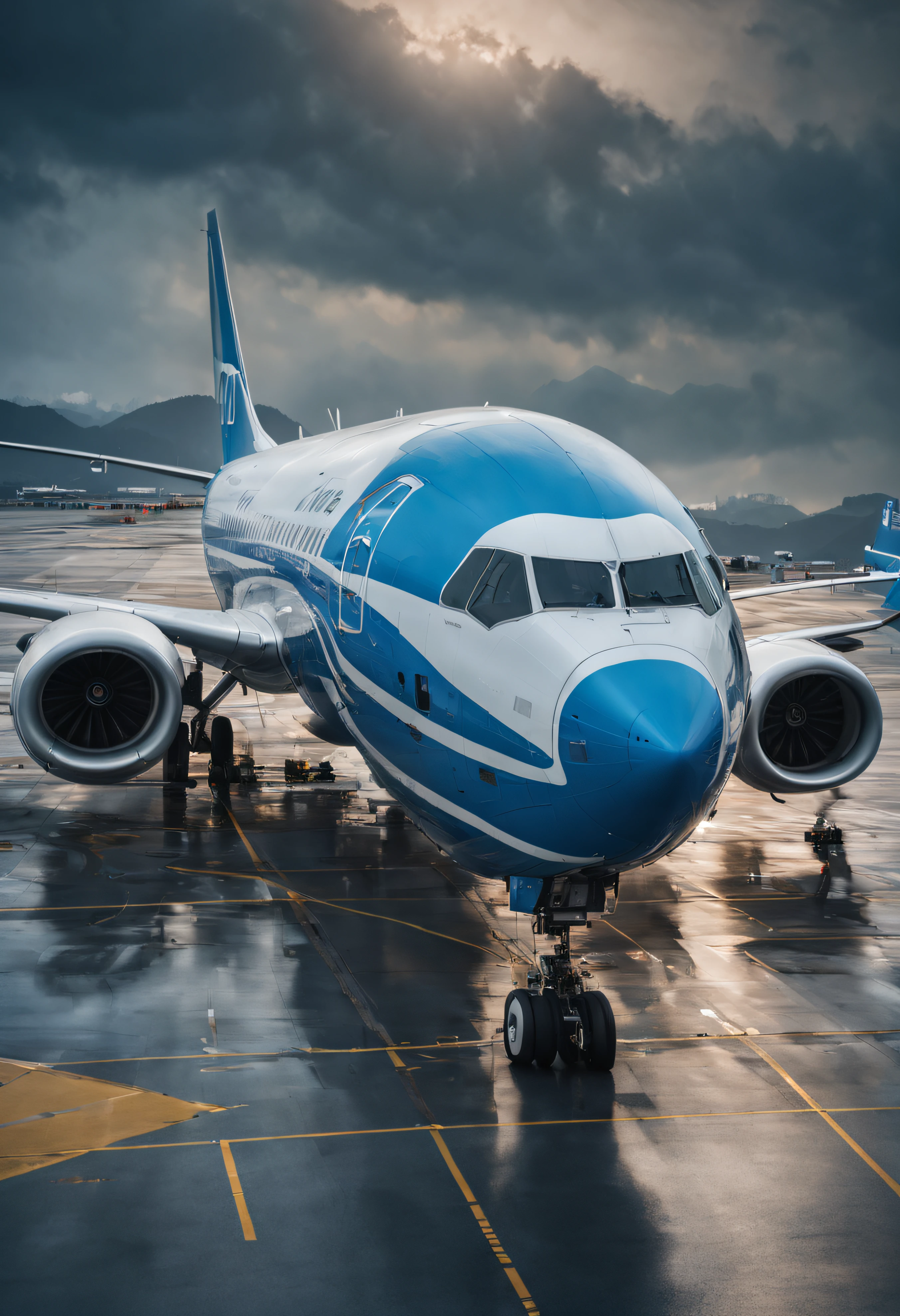 Boeing 737 aircraft maintenance site, Xiamen Airlines, ultra-realistic realism, artistic décor, 电影灯光, Outer border, fading border, hyper HD