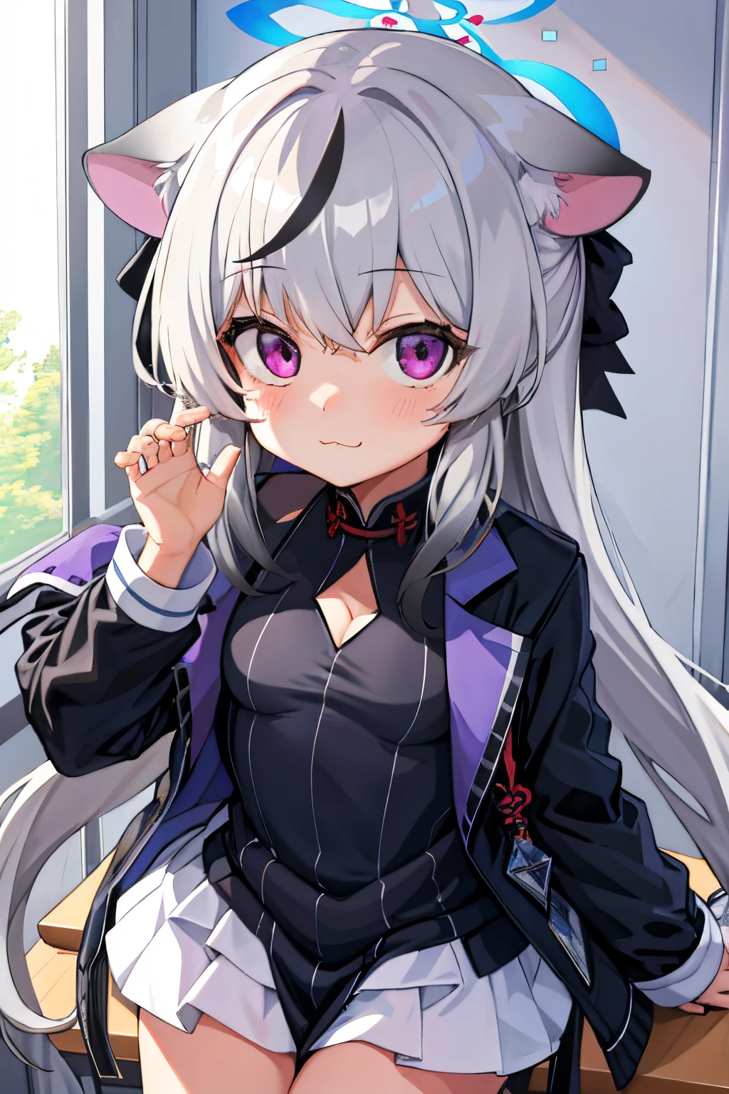 tmasterpiece, best qualtiy, ultra - detailed, 1girll,Gray hair Kokona, inside in room, Purple eye, :3,the face, closeup cleavage, in a bikini, at school