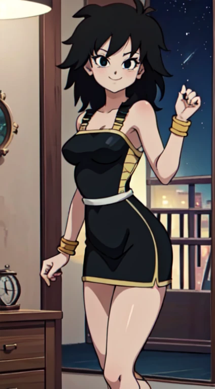 masterpiece, best quality, cowboy shot, 1 girl, solo, little black dress, black pencil skirt, golden bracelets, lovely legs, bedroom background, indoors, nighttime, smile, happy, medium breasts, looking at viewer, bare shoulders, standing up, Gine spiky hair, medium hair, black hair, anime screencap