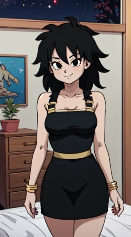 masterpiece, best quality, cowboy shot, 1 girl, solo, little black dress, black pencil skirt, golden bracelets, lovely legs, bedroom background, indoors, nighttime, smile, happy, medium breasts, looking at viewer, bare shoulders, standing up, Gine spiky hair, medium hair, black hair, anime screencap