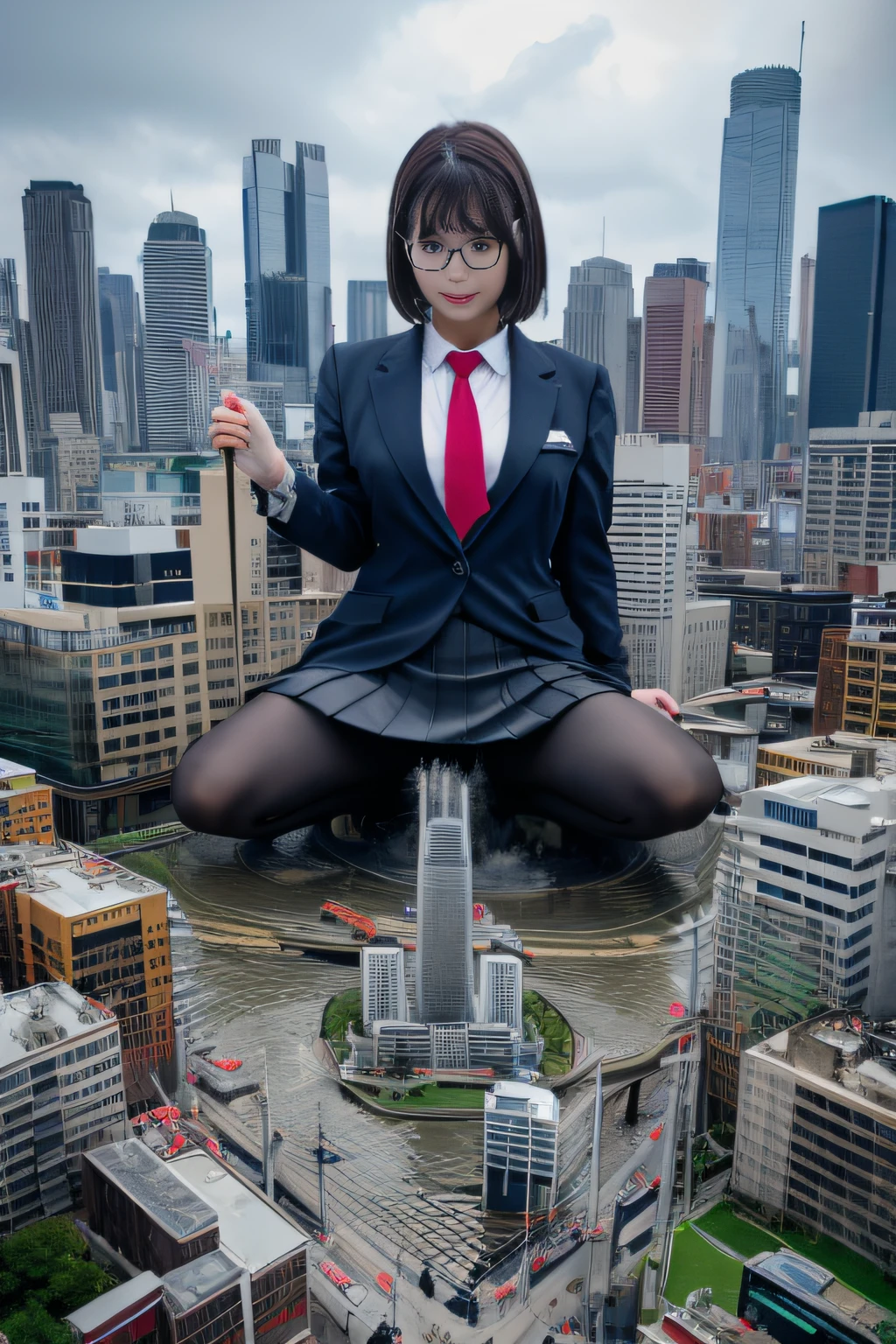 Multiple girls, giantess art, a hyperrealistic schoolgirl, , highly detailed giantess shot, der riese, Shorthair, Black pantyhose, Giant high school girl much bigger than a skyscraper。Wearing rimless glasses。Colossal tits。Navy blue blazer、Red tie、Mini Length Skirt、Black pantyhose、I'm not wearing shoes.。very small metropolis。miniature metropolis。In a miniature metropolis just a few feet tall.、squatting and urinating。Urine that comes out forcefully。torrent of urine。sea of urine。Small trains and cars are washed away with urine.。Full body depiction。nffsw, der riese, Black pantyhose, Pantyhose legs, Pantyhose feet, ,Stomping City,crash city,Small town,micro city, Peeing,