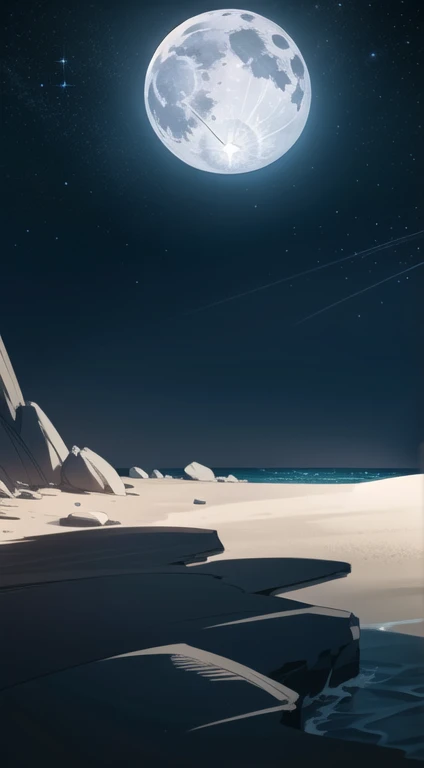 ((sketch)) ((Scenery)) Background. Under the starry canopy of a moonlit beach. The full moon casts a soft, glow, highlighting in the darkness.