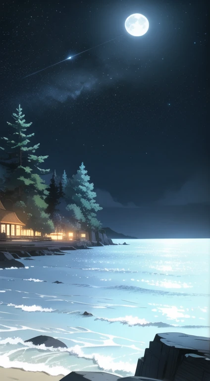 ((sketch)) ((Scenery)) Background. Under the starry canopy of a moonlit beach. The full moon casts a soft, glow, highlighting in the darkness.