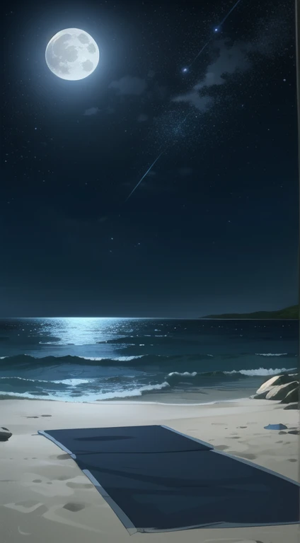 ((sketch)) ((Scenery)) Background. Under the starry canopy of a moonlit beach. The full moon casts a soft, glow, highlighting in the darkness.