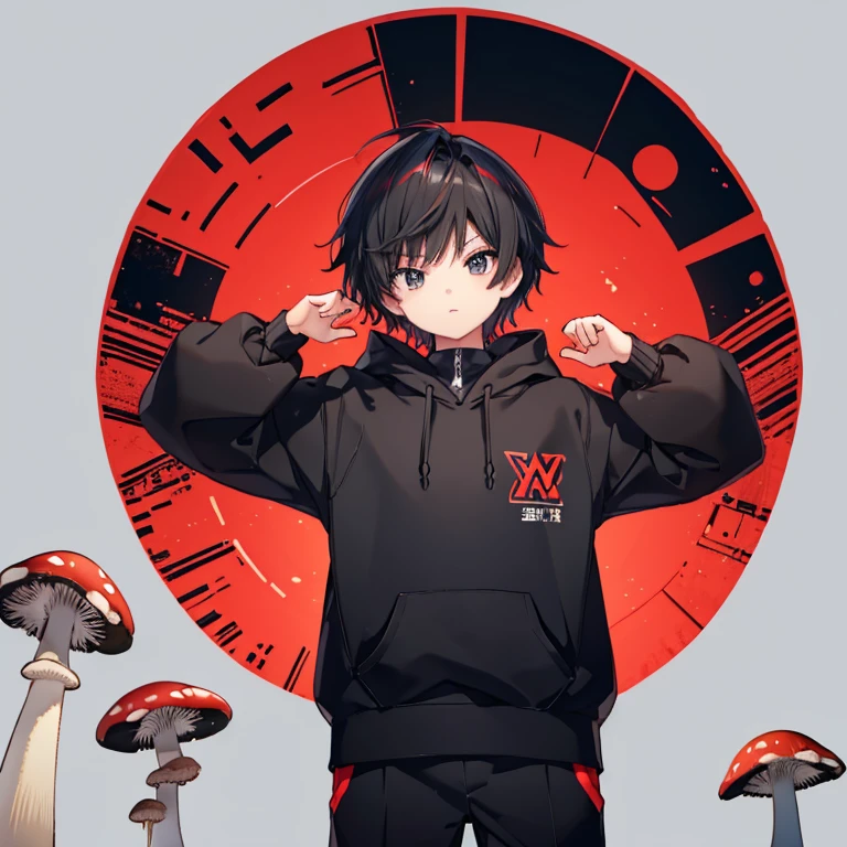 male child、elementary student、Red hair、Black hair、Mushroom Hair、shortsleeves、1人、Black hoodie、Jersey pants、Minecraft background、