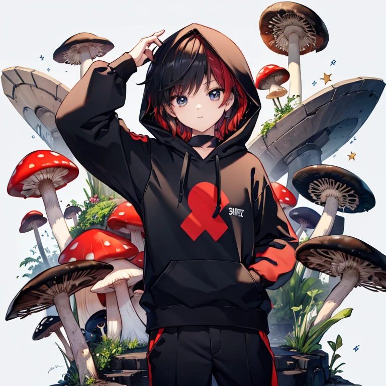 male child、elementary student、Red hair、Black hair、Mushroom Hair、shortsleeves、1人、Black hoodie、Jersey pants、Minecraft background、