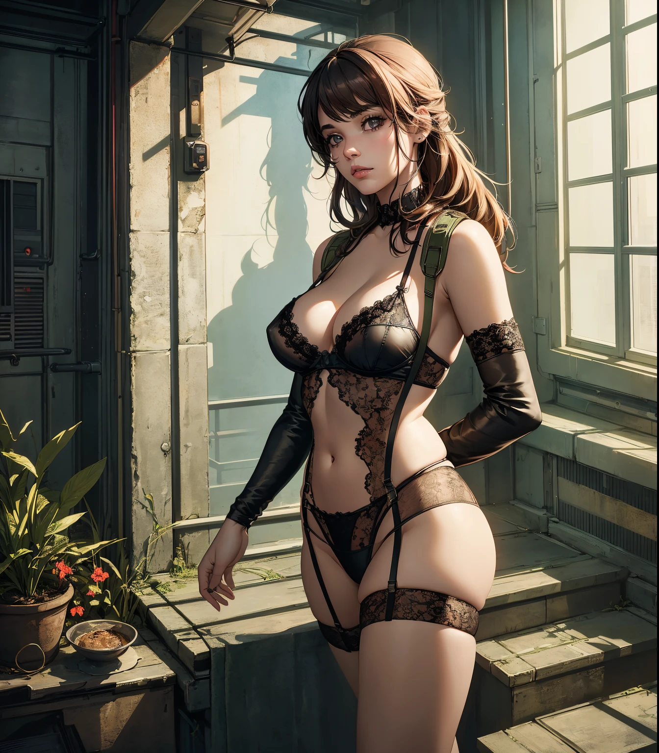 masterpiece, best quality, best illustration, HDR, beautiful details, intricate details, detailed scenery, dramatic light, best shadow, (full body), quiet from Metal Gear Solid ((intricate lace lingerie)), (detailed beautiful eyes)