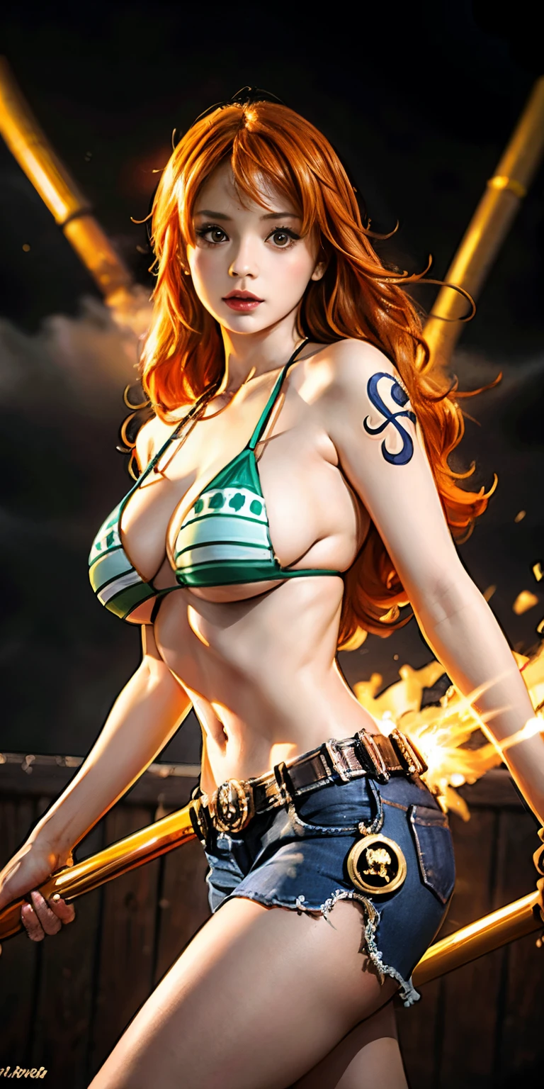 1 Girl Nami One Piece,large boob,Orange hair,Yellow eyes,hight resolution,A hyper-realistic, Ultra Detail