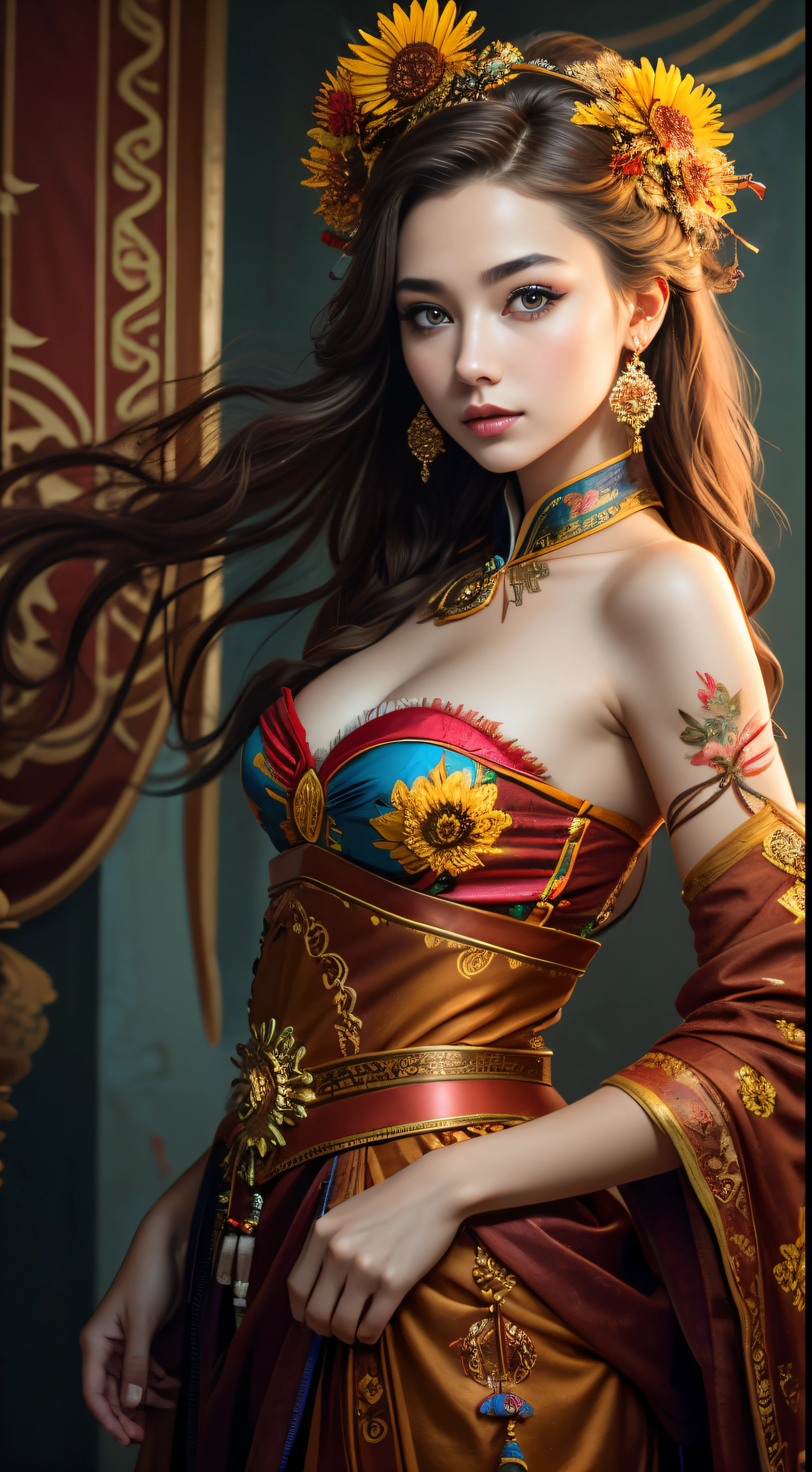 bestquality，master-piece，High resolution with high detail，（shrewd：1.4），raw photograph，，optical illusion，1girle，（Solo exhibitions：1.2），（cowboy lens：1.2），（Hair crown：1.2），Traditional costumes of Dunhuang, china，strapless，（red eyeliner：1.2），（Black eyes：1.4），earings，dynamic angle，entertainment，messy_long_hair，ink，cinematic light，Lane Lair，Velvet，chrysanthemum，tassels，ribbons，Colorful embroidery，upper half body，Facing the lens，Dynamic Poses，large，embroidered shoes