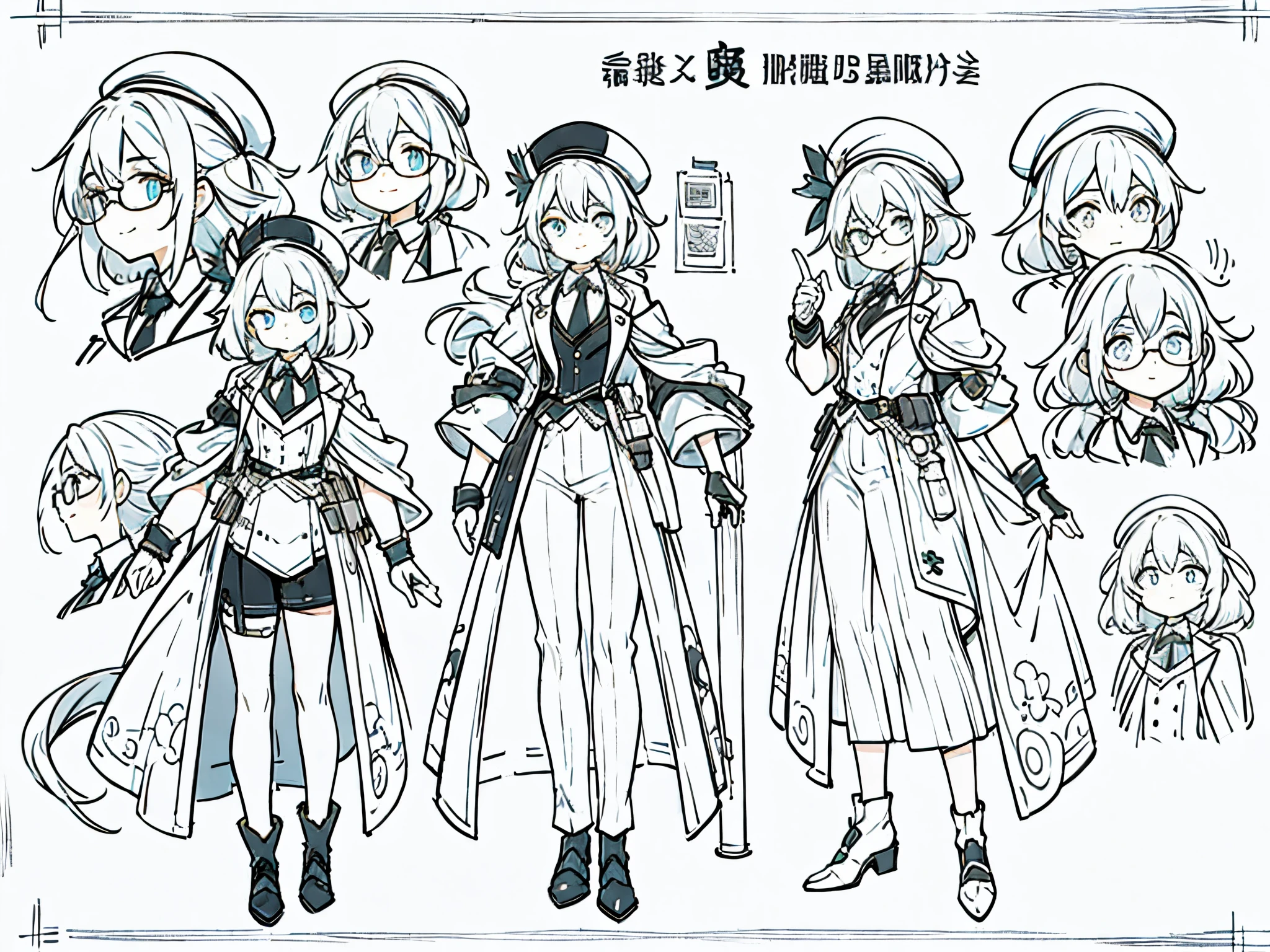 male in his 20s、white hair、poneyTail、He wears round glasses with no rims、The face is human、The body is made of machines、Cyborg Arm、Hats、wearing a tailcoat、neck tie、concept-art、Character concept art、Character Sketch、Reference Sheet、CharacterDesignSheet、Parts explanation、a smile、Variety of facial expressions、Facial expression difference(emotions)、simple background