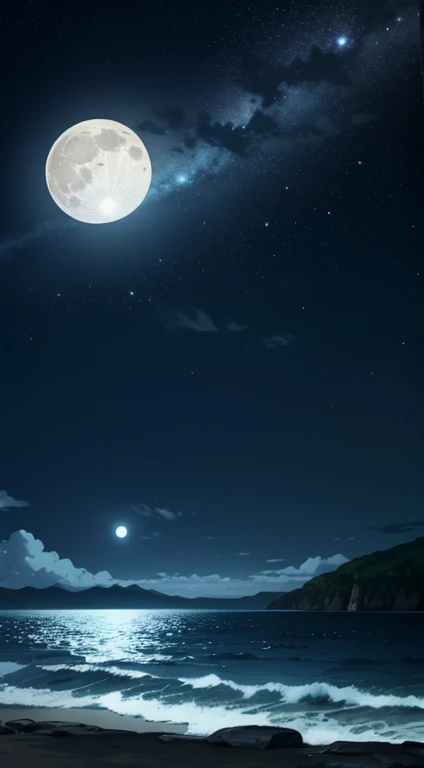 ((sketch)) ((Scenery)) Background. Under the starry canopy of a moonlit beach. The full moon casts a soft, glow, highlighting in the darkness.