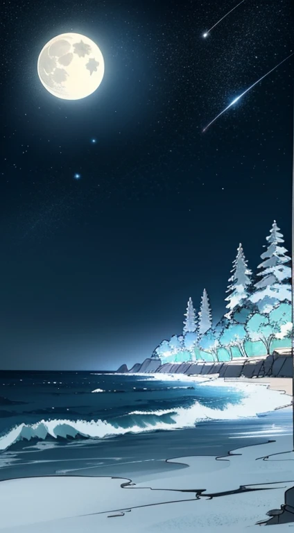 ((sketch)) ((Scenery)) Background. Under the starry canopy of a moonlit beach. The full moon casts a soft, glow, highlighting in the darkness.