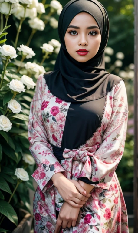 Portrait photography of a beautiful young malay girl in hijab wearing Square Neck Bow Front Floral Jacquard Dress , big breast, catwalk, morningtime, Photo of a young bookish Malay woman wearing a hijab walking in a flower garden, big breast, the woman wearing a pastel floral patterned , surrounded by a comfortable, cool atmosphere, looking at the viewer. (Skin details:1.3), hairy hands, Hijab, slim, red lips, seductive with bokeh camera background