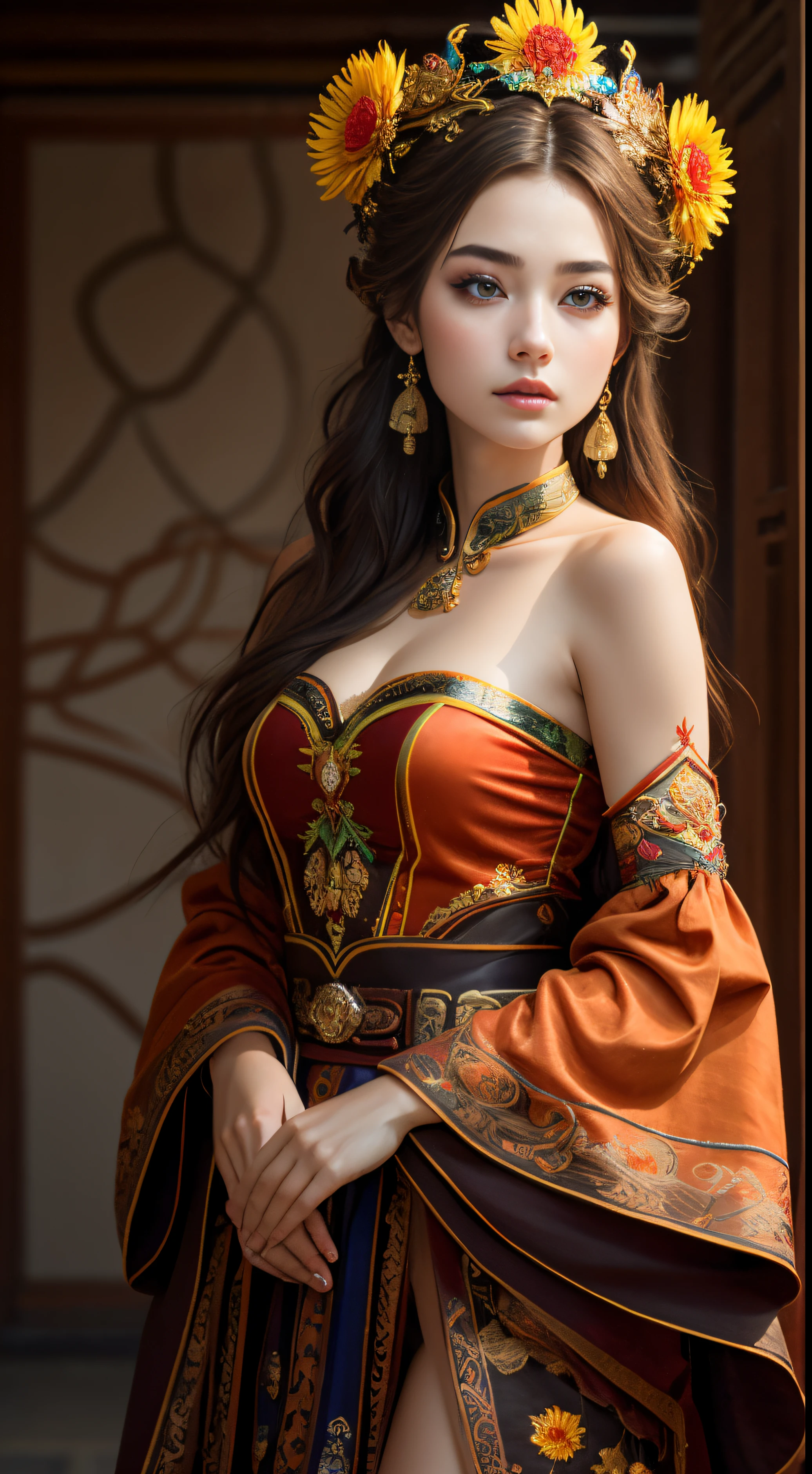 bestquality，master-piece，High resolution with high detail，（shrewd：1.4），raw photograph，，optical illusion，1girle，（Solo exhibitions：1.2），（cowboy lens：1.2），（Hair crown：1.2），Traditional costumes of Dunhuang, china，strapless，（red eyeliner：1.2），（Black eyes：1.4），earings，dynamic angle，entertainment，messy_long_hair，ink，cinematic light，Lane Lair，Velvet，chrysanthemum，tassels，ribbons，Colorful embroidery，upper half body，Facing the lens，Dynamic Poses，large，embroidered shoes