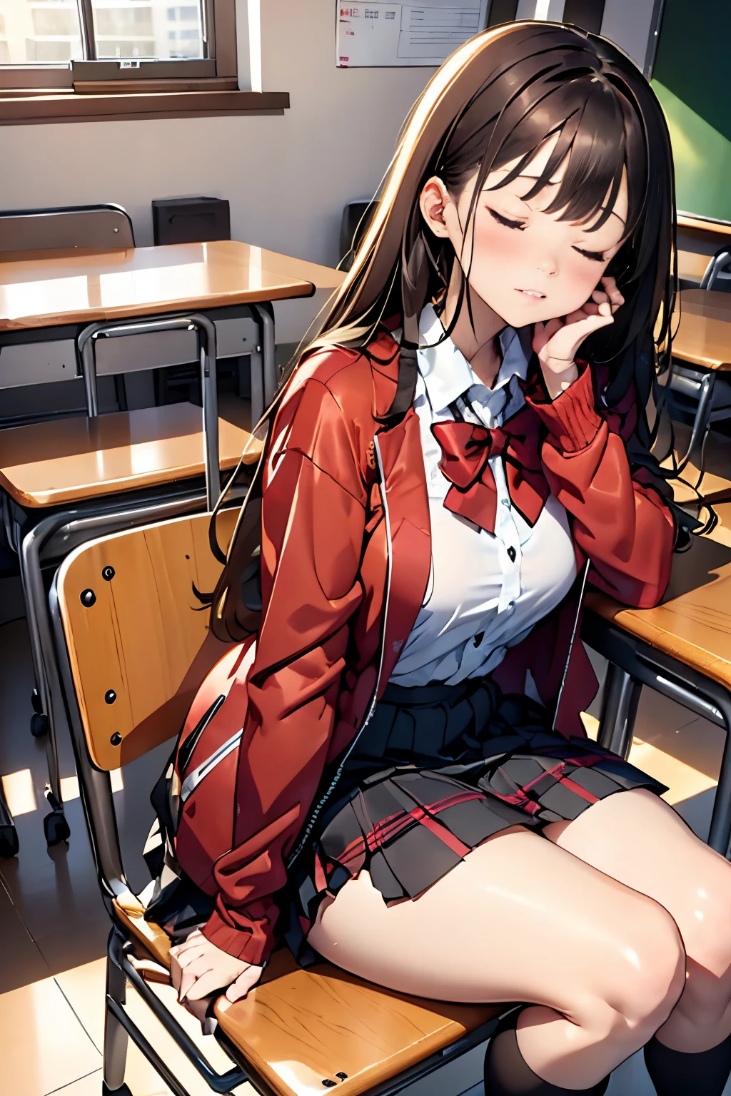 top-quality,masutepiece,Anime style,parfect anatomy,独奏,skirt by the,jaket, sockes, shoe, Brown Footwear, , Plaid,sneakers,blazers, brown haired, plaid skirts, Black knee socks, long-sleeve, bangss, Open your clothes, Open jacket, the bow, Brown-eyed, pleatedskirt, a bow tie, tag, length hair, full body Esbian,Knee height, The shirt, Mouth closed, sleeves past wrists,hand on own face,red bowtie,Black jacket,red blush,Brown skirt,(((Sit on a chair:1.2,Lying face down on a desk:1.5,Put your hand on your cheek:1.2,nap,Close your eyes,Cheek cane,look at side))),shirt with collar,a miniskirt,white  shirt,Cardigan,lightsmile,longshot, (low angles), (top down),Realistic scale,Significant shrinkage:1.5,life-like,Super Detail, Realistic, Super realistic,lifelike rendering,(((school classrooms,Classroom lined with desks))),Professional Photographer