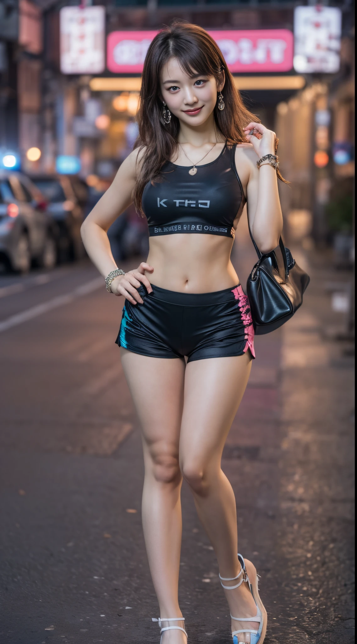 8K, masutepiece, Raw photo, Best Quality, Photorealistic, Highly detailed CG Unity 8k wallpaper, depth of fields, Cinematic Light, Lens Flare, Ray tracing, (Extremely beautiful face, Beautiful lips, Beautiful eyes), intricate detail face, ((Ultra detailed skin)) 1girl in, In the Dark, deepshadow, Pretty Korean girl, Kpop Idol, 1 girl, (Very slim and slender fit muscular body:1.3), ((Looking at Viewer)),(Big smile:1.3), (Fashion City Night, a dark night, (Neon sign), (Blurred background), Fashion Street Night),(No people in the background:1.3), Beautiful earrings, Bracelets, Necklace, pantyhose, Clear eyes, Walking, (pale skin), (big eye ace forward, (brown hair body shot), (()), (()), , (Looking at Viewer:1.3) opened breast, Very slim, Colossal tits, backtrack, (Back shot), ass forcus, Before the eyebrows,(((Silk Shorts))), thick thighs,