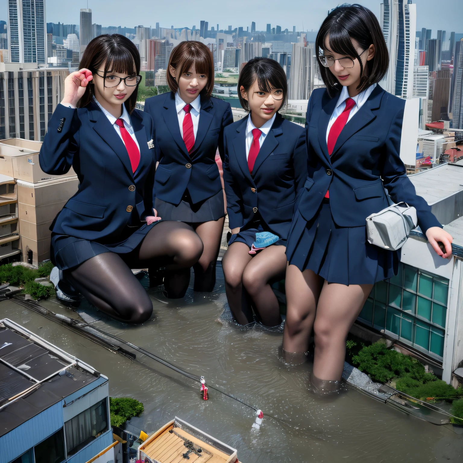 Multiple girls, giantess art, a hyperrealistic schoolgirl, , highly detailed giantess shot, der riese, Shorthair, Black pantyhose, Giant high school girl much bigger than a skyscraper。Wearing rimless glasses。Colossal tits。Navy blue blazer、Red tie、Mini Length Skirt、Black pantyhose、I'm not wearing shoes.。very small metropolis。miniature metropolis。In a miniature metropolis just a few feet tall.、squatting and urinating。Urine that comes out forcefully。torrent of urine。sea of urine。Small trains and cars are washed away with urine.。Full body depiction。nffsw, der riese, Black pantyhose, Pantyhose legs, Pantyhose feet, ,Stomping City,crash city,Small town,micro city, Peeing,