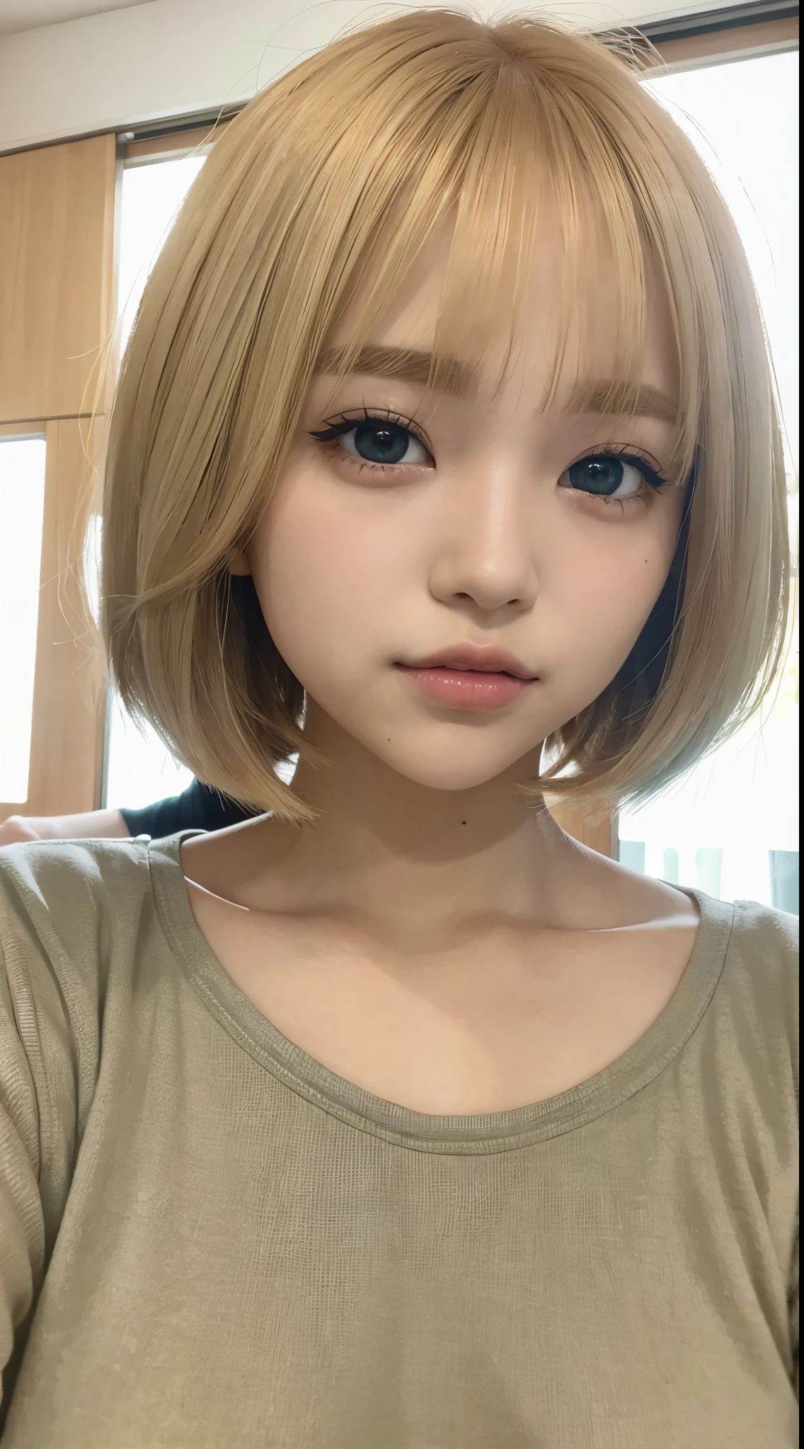 Cute Boy、golden bob cut hair、Big green eyes、