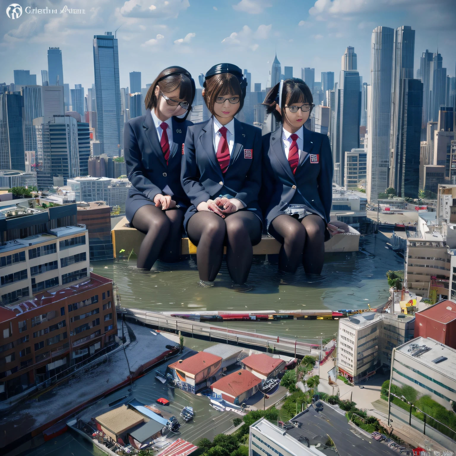 Multiple girls, giantess art, a hyperrealistic schoolgirl, , highly detailed giantess shot, der riese, Shorthair, Black pantyhose, Giant high school girl much bigger than a skyscraper。Wearing rimless glasses。Colossal tits。Navy blue blazer、Red tie、Mini Length Skirt、Black pantyhose、I'm not wearing shoes.。very small metropolis。miniature metropolis。In a miniature metropolis just a few feet tall.、squatting and urinating。Urine that comes out forcefully。torrent of urine。sea of urine。Small trains and cars are washed away with urine.。Full body depiction。nffsw, der riese, Black pantyhose, Pantyhose legs, Pantyhose feet, ,Stomping City,crash city,Small town,micro city, Peeing,