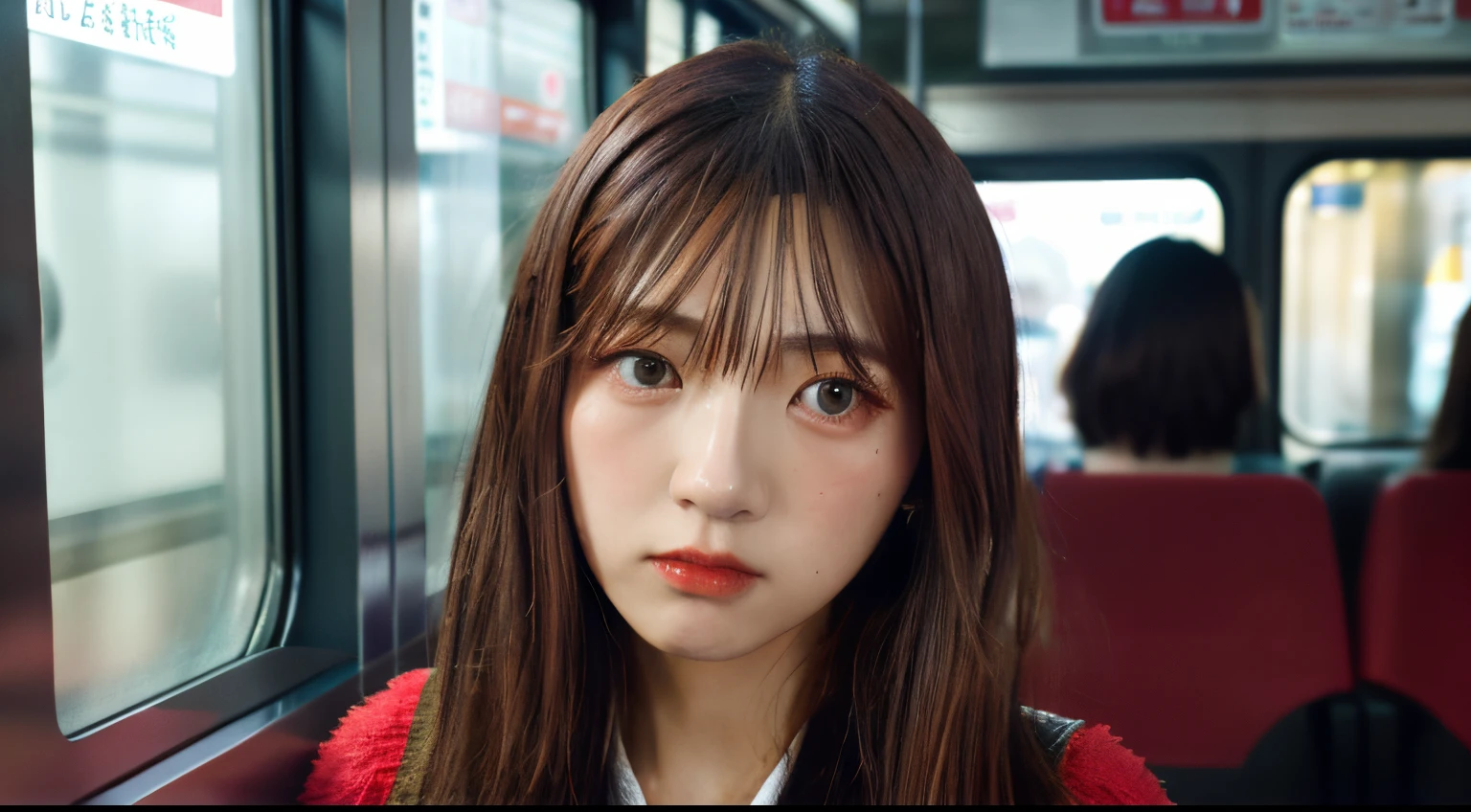 ​masterpiece、top-quality、hyperdetailed face、ultra-detailed hair、Berebo、red clothing、station、Check your smartphone on the train