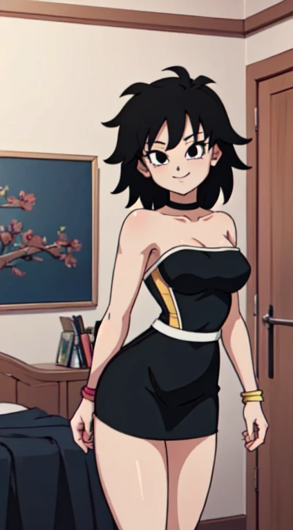 masterpiece, best quality, cowboy shot, 1 girl, solo, strapless, short black dress, black pencil skirt, black chocker, golden bracelets, lovely legs, bedroom background, indoors, smile, happy, medium breasts, looking at viewer, bare shoulders, standing up, Gine spiky hair, medium hair, black hair, anime screencap, seductive