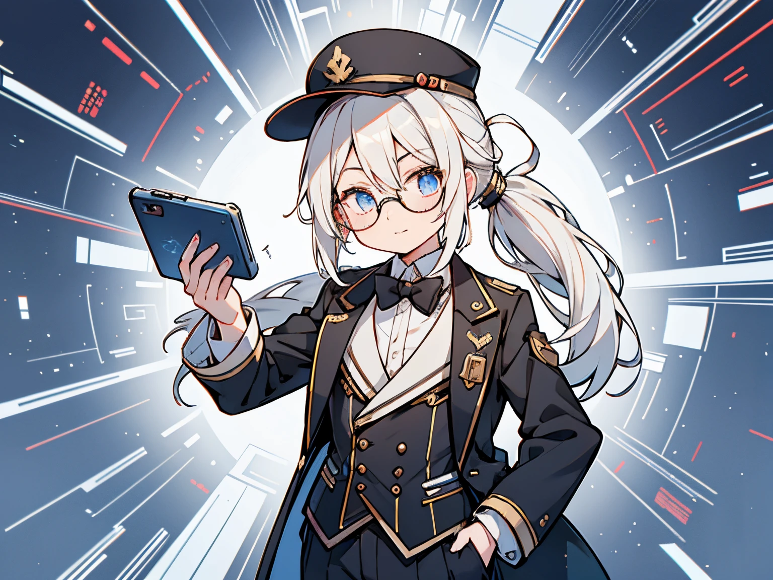 male in his 20s、white hair、poneyTail、He wears round glasses with no rims、The face is human、The body is made of machines、Cyborg Arm、Hats、wearing a tailcoat、holding a smartphone in one hand、bright expression、Happily、Background with(It's like science fiction、Computer LCD screen is floating、He is trying to touch the LCD screen with one hand.)