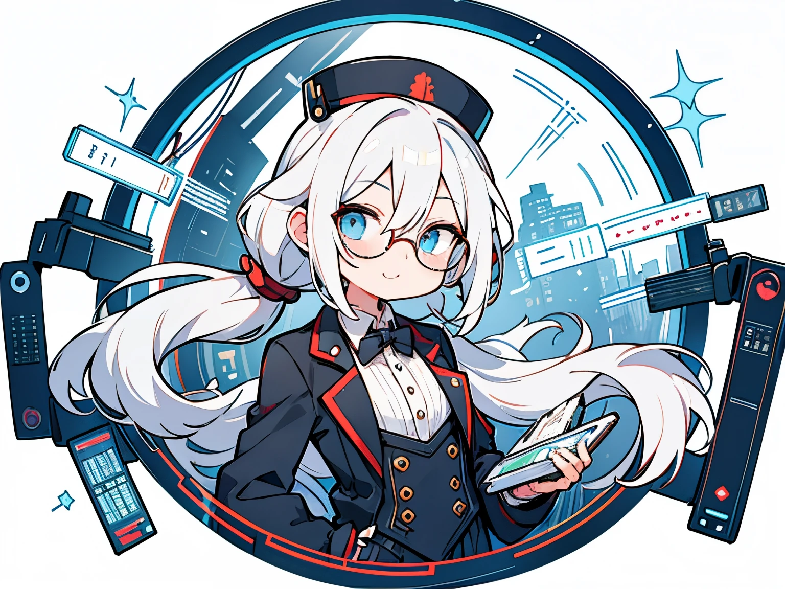 male in his 20s、white hair、poneyTail、He wears round glasses with no rims、The face is human、The body is made of machines、Cyborg Arm、Hats、wearing a tailcoat、holding a smartphone in one hand、bright expression、Happily、Background with(It's like science fiction、Computer LCD screen is floating、He is trying to touch the LCD screen with one hand.)