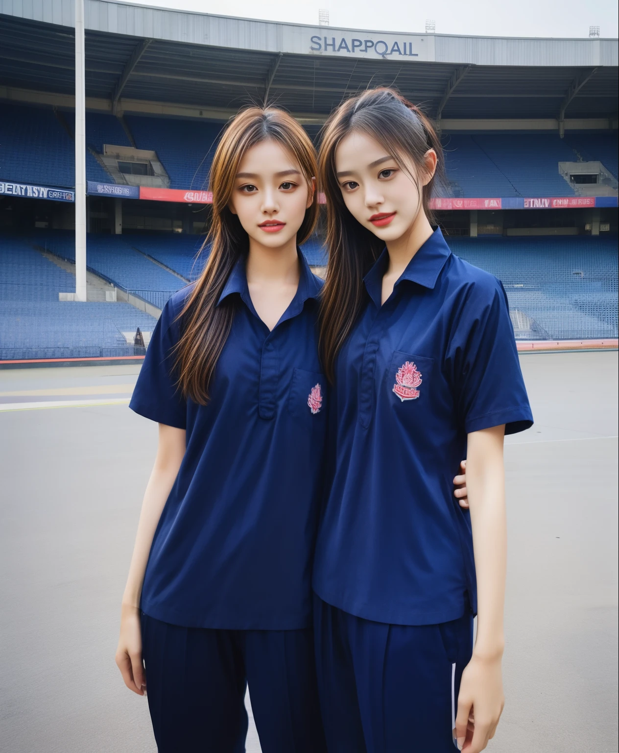 (bestquality,10,10,highres,masterpiece:1.2),ultra-detail,(Realistic,photorealistic portrait,photo-realistic:1.37),1 Cute girl in the football field,oily shiny skin,bara,light smile,BDclothelue shirt:1.3)),short sleeves,shirt, trousers.,(navy_long_Pants Track:1.1), ((Stadium Background:1.3)),dynamic angle,excited,face focus,Dynamic Poses,from behide,Ass Focus,masterpiece, bestquality, ultra realistic, hyper-detail, 8k resolution, RAW photo, crisp focus, ((Navy blue shirt:1.1)), short sleeves, Long Path, Perfect body, 2 mature women, 18yo, cinematic light,Blue sweatpants,Gymware,Correct anatomy,Complete body, Correct body, sharp face, Anatomically correct body, full entire body, Realistic gestures, long-haired, Realistic poses,Wear long shorts...................................,Long leg span,Shapely,Sculpting Girl, Slender Figure, mannequin mannequins, Shapely, Beautiful body,Blue sweatpants, Two girls kissing