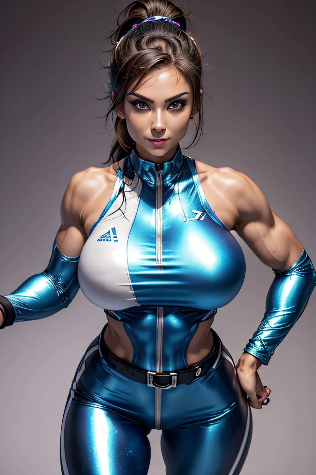 Arafe woman solo with ponytail hair、Fighting Game Fighter、Fitness Model、Looks like it's going to tear.、Metallic Light Rainbow Combat Suit、slim and long legitimate body shape、(Sharp Focus:1.2), Photo, attractive young woman, (Beautiful face:1.1), Detailed eyes, luscious lips, (smokey eye makeup:0.85), (large full breasts:1.5), (athletic bodies:1.5), Arafe woman solo with ponytail hair、Fitness Model、There&#39;unknown what it  &#39;Looks like it's going to tear.、Metallic Light Rainbow Fitness Suit、Five-fingered、slim and long legitimate body shape、half-pants、White belt、Pose ready to fight、Mischievous smile