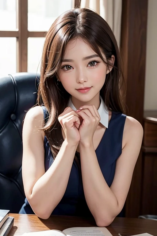 The most beautiful woman who works as a newscaster、with shiny brown hair、Wearing a navy suit、Very enchanting.。She's full of confidence々Smiled at.、toward to the camera。her fashion and expressions、A perfect balance between cuteness and elegance、It draws the viewer in and doesn't let go.。Through this scene、Express her charm to the fullest。"
