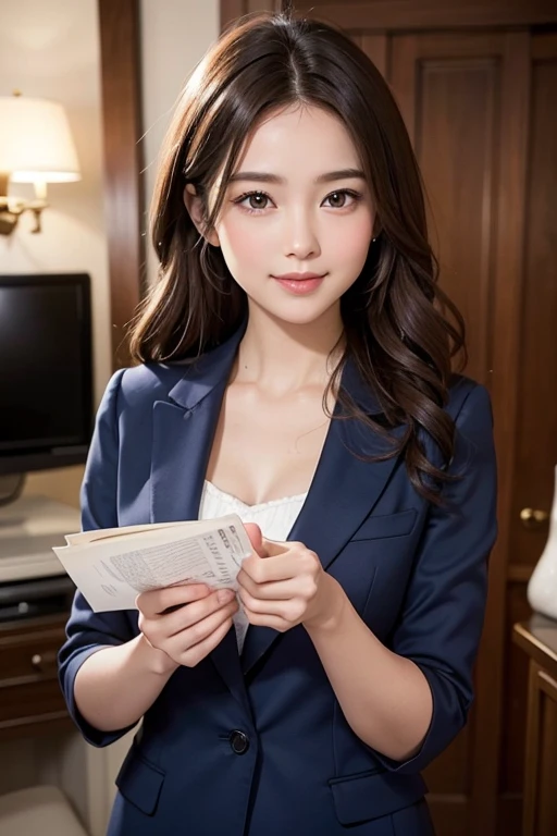 The most beautiful woman who works as a newscaster、with shiny brown hair、Wearing a navy suit、Very enchanting.。She's full of confidence々Smiled at.、toward to the camera。her fashion and expressions、A perfect balance between cuteness and elegance、It draws the viewer in and doesn't let go.。Through this scene、Express her charm to the fullest。"
