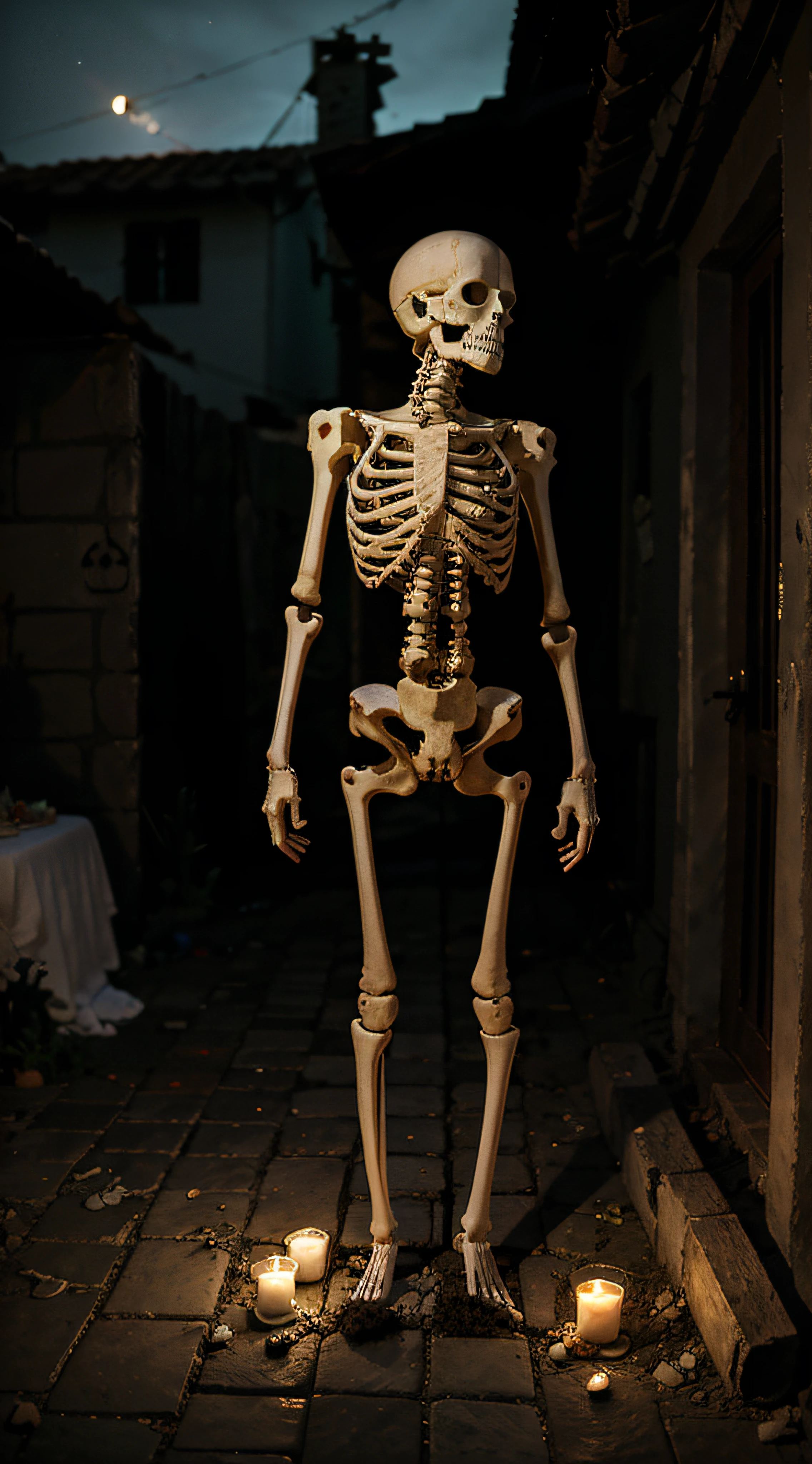 Scary haunted adult skeleton with candle attached to its skull. The skeleton is around a poor Brazilian house because of the night and poor street lighting. imagem de corpo inteiro