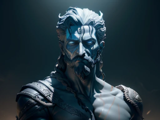 Paint an evocative 8K image depicting the terrifying Greek god Hades , immortalized as a statue that reflects the epic aesthetic of 'God of War'. Position the statue in a suspenseful-soaked environment, its surroundings gently blurred to amplify its presence. Use grand lighting to cast intricate, Sombras envolventes, Igniting the spirit of an epic adventure.