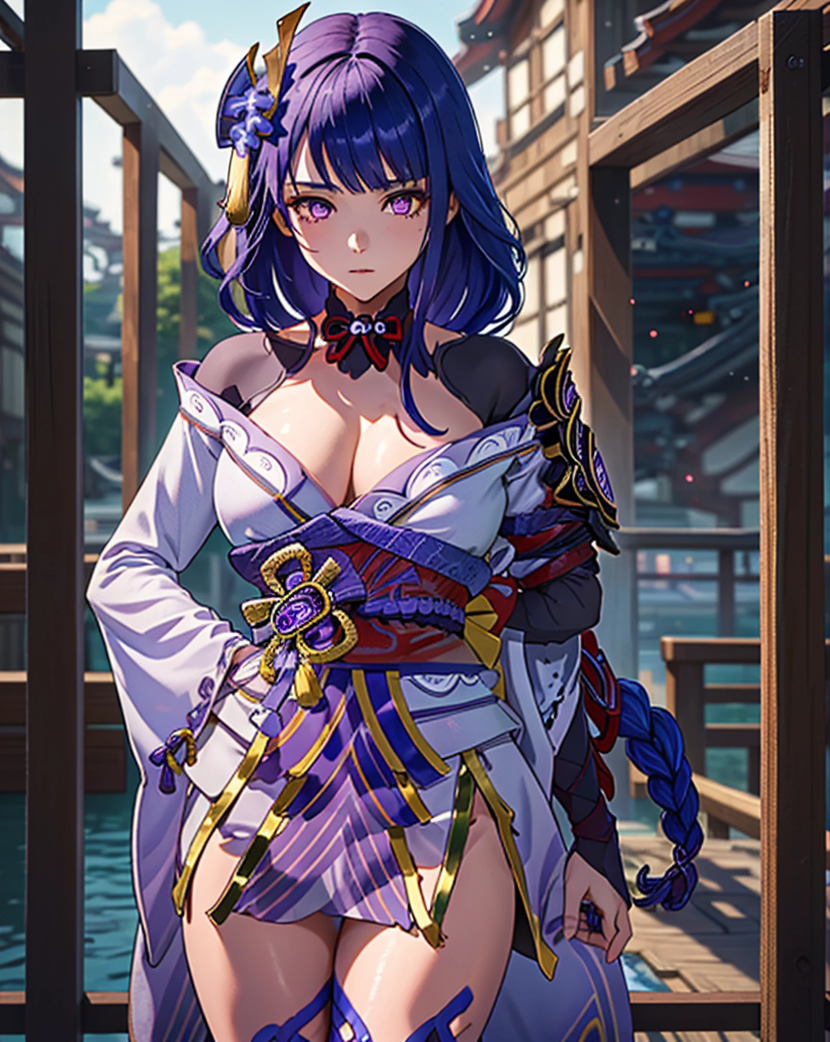 Raiden Shogun from genshin impact game, 1 girl, cleavage, long purple braided hair, short purple komono, high black stockings, red Obi, purple lighting in background, glowing purple eyes, light purple clothing, purple eyes (Highest Quality, masterpiece, 8k wallpaper:1.3), (Pale skin, shiny skin:1.2), 1 girl, Solo Woman, (Genshin_impact, Raiden general, Raiden Shogun, Raiden ei:1.5), thunder particles around, Purple thunderbolt around, Bright background, fighting stance, purple color-theme, Delicate facial features, Sexy beautiful anime girl, Raiden general, Raiden Shogun, Raiden ei, Long purple hair, rosy lips, Anime mouth, blushing, A sexy mature woman, (Severely melancholy face), Detailed eyes, busty figure, building,extreme detailed,(fractal art:1.3),colorful,highest detailed(((UHD))), (((masterpiece))), (((8k))), (((highres))), (((Surrealism))), (((cinematic lighting)))raidenshogundef, upper body, smile, blush, outdoors, day, japan festival background, night sky, long hair, sky, temple, looking at viewer, stairs, mountain, moody lighting, facing viewer,