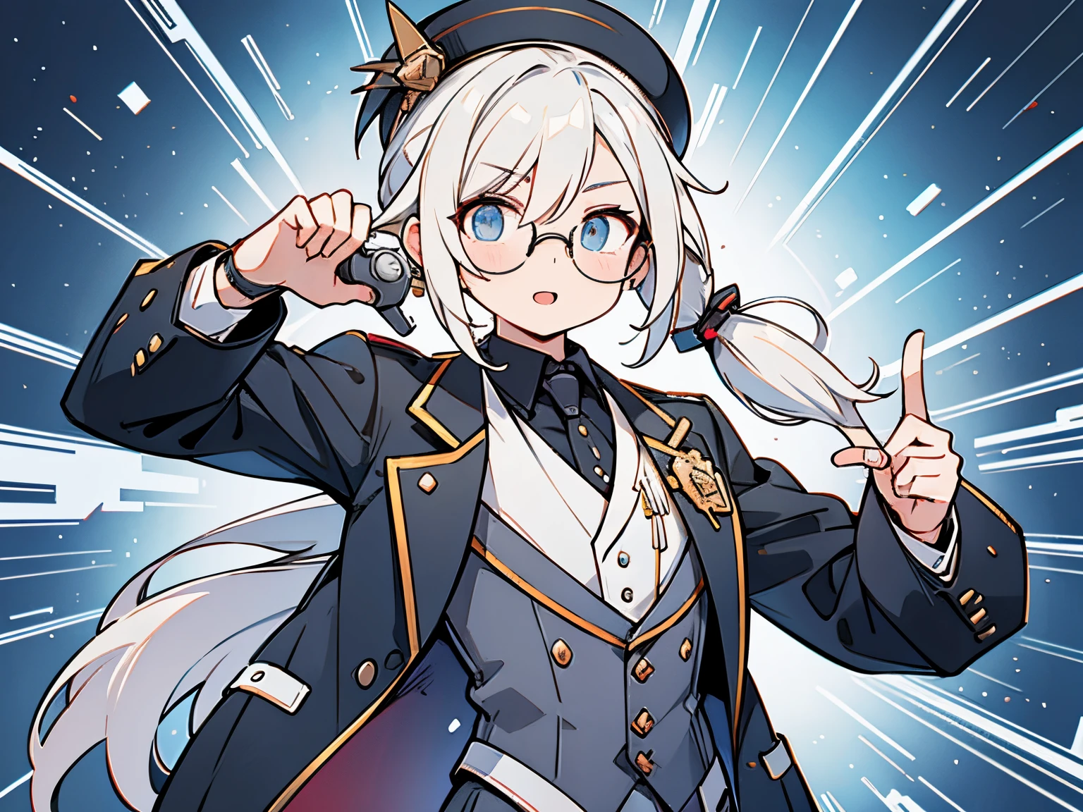 male in his 20s、white hair、poneyTail、He wears round glasses with no rims、The face is human、The body is made of machines、Cyborg Arm、Hats、wearing a tailcoat、holding a smartphone in one hand、bright expression、Happily、Background with(It's like science fiction、Computer LCD screen is floating、He is trying to touch the LCD screen with one hand.)