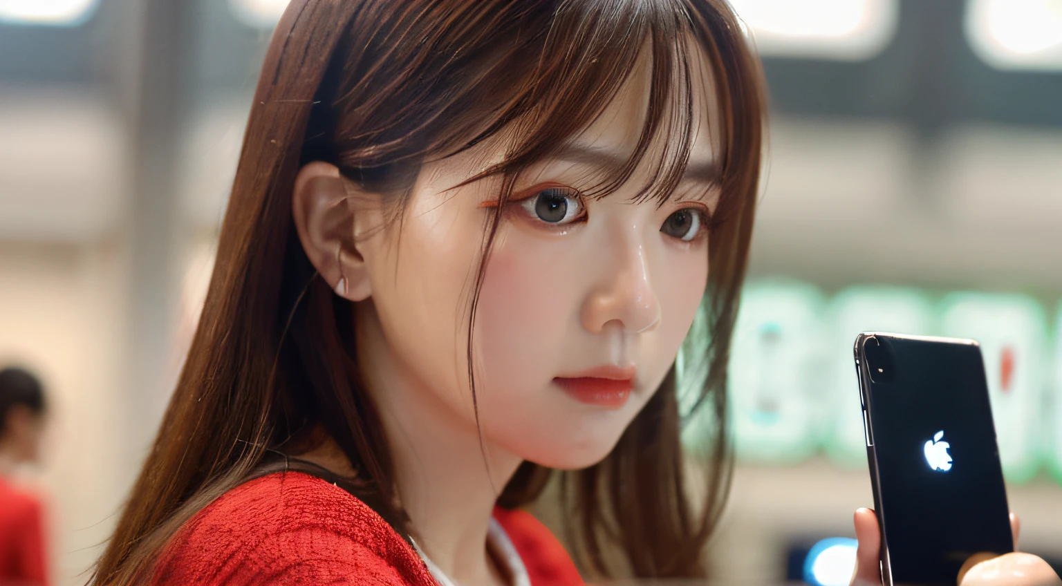 masterpiece、top-quality、hyperdetailed face、ultra-detailed hair、red clothing、station、Holding your smartphone in one hand