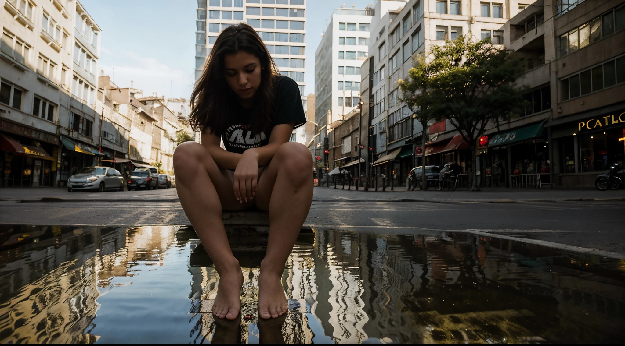 20-year-old, vista solo de pecho hacia los pies  . Captura cada detalle, from the soft shadows on their skin to the reflections Make sure to convey the realistic atmosphere of the urban scene, with the interaction of natural and artificial light, as well as background details that enhance the authenticity of the scene.