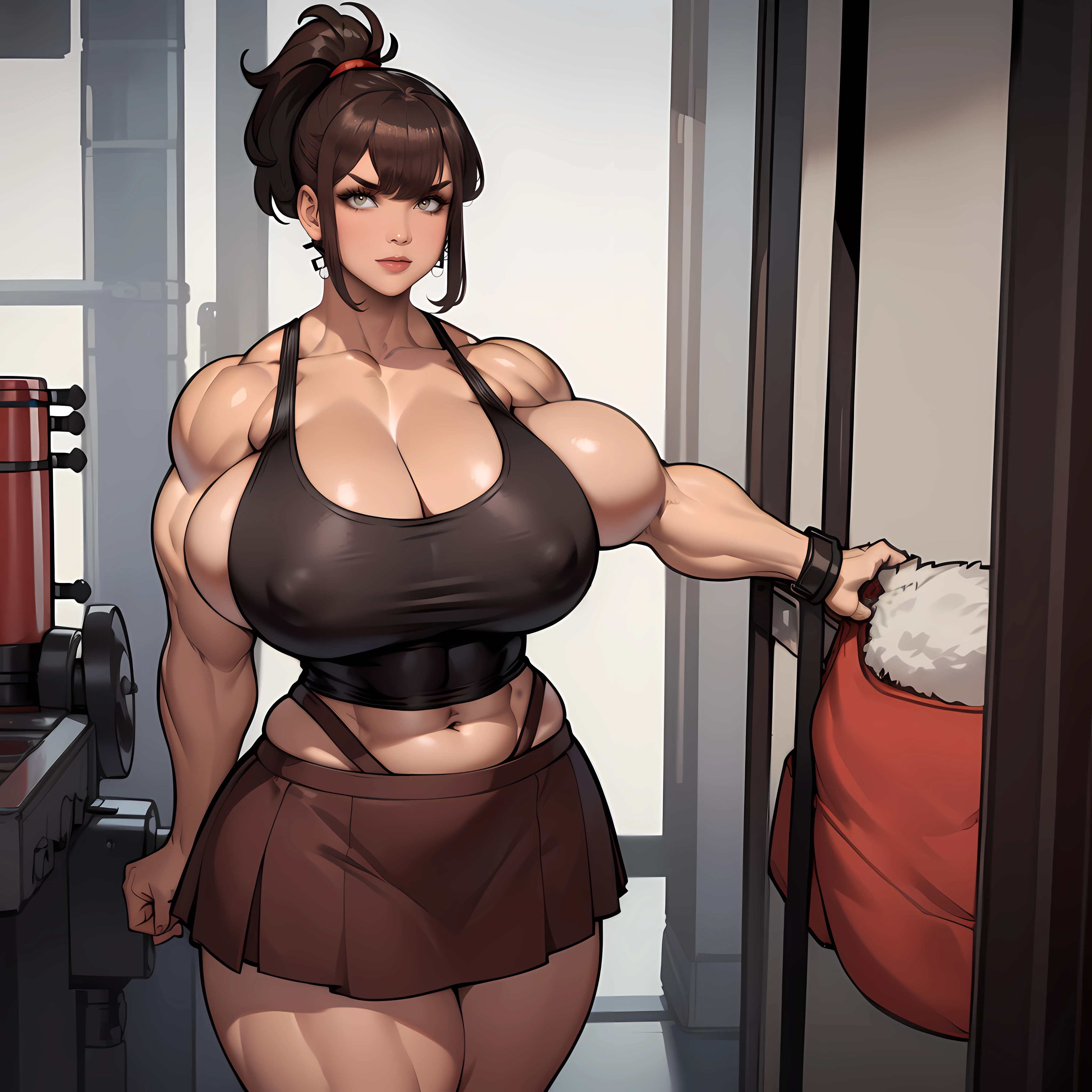 one female with short ponytail brown haircut, wearing short red skirt, wearing black cut off tube top, thicc, alone, solo, (ALONE)(SOLO), showing cleavage, facing forward, looking at me, looking forward, showing belly, ((((huge muscles))))