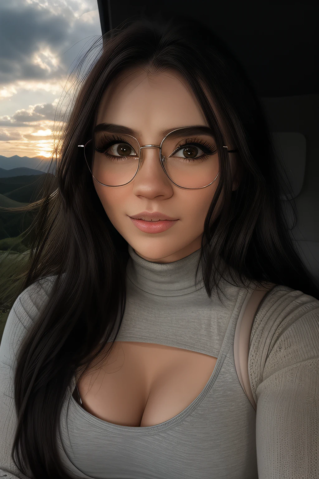 full head shot, 1girl, Beautiful, Sunset, Beautiful sunset, cloudy, woods, Hiking in nature, TAKE OFF YOUR TIGHT YOGA PANTS., lace (turtleneck top) sports bra, Aviator glasses, BREAK makeup, straight hair, pale skin, light skin , White Skin Skin, BREAK